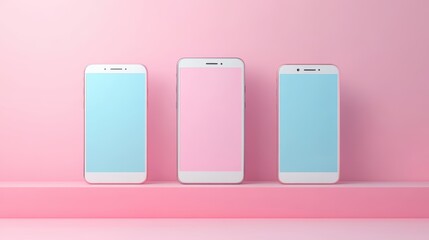 App mockup on three phones floating on pastel background