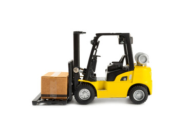 Yellow forklift isolated on white background. Logistics concept. Logistics and supply chain management for online shopping concept. Delivery of goods or products to the store worldwide. Cardboard box.