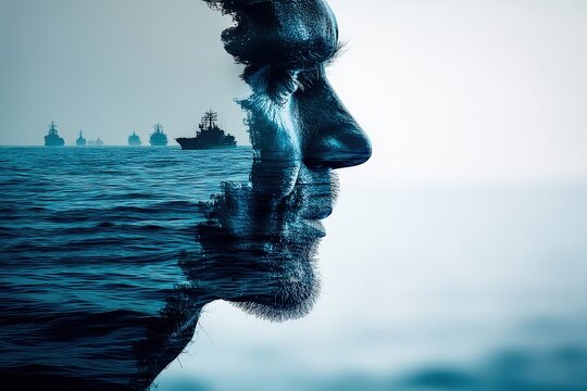Double exposure of a man's profile blended with ocean waves.