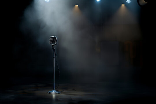 Microphone vintage sur pied isol&eacute; au centre d&rsquo;une sc&egrave;ne sombre avec projecteurs et atmosph&egrave;re enfum&eacute;e, composition sc&eacute;nique avec espace n&eacute;gatif copyspace