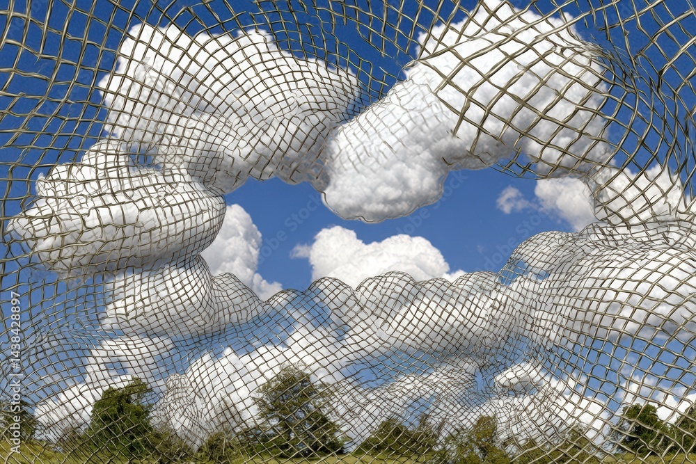 Poster clouds framed by a net creating a unique sky view.
