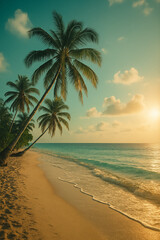 Obraz premium Tropical Beach with Palm Trees at Sunset, Golden Sand Shoreline, Tranquil Ocean Waves, Paradise Vacation Background