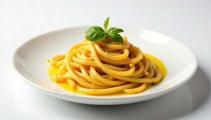 Elegant pasta dish, olive oil drizzle, white backdrop , delicious, tasty, healthy