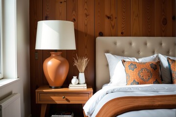 Sunlit bedroom interior with a wooden wall, a beige bed, and orange pillows. Calm, relaxing aesthetic.