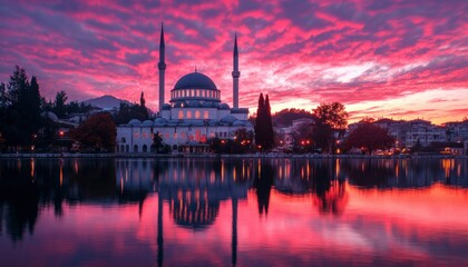 Mosque at sunset over water