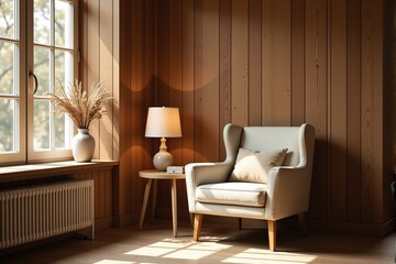 Cozy living room interior with armchair, wooden paneling and sunlight.