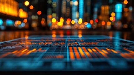 Data display reflects blurred cityscape at night