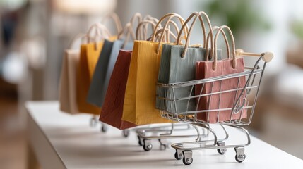 Miniature Shopping Cart Overflowing with Colorful Gift Bags on a Bright White Surface, Minimalist and Playful