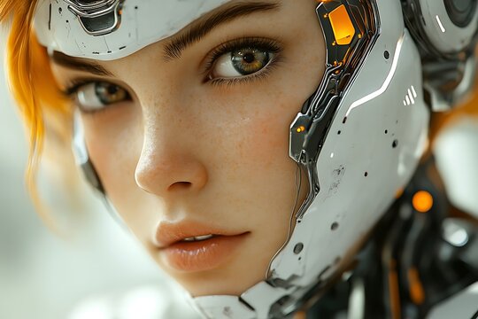 Close up portrait of a futuristic cyborg woman with freckles and piercing gaze wearing a chrome and white exoskeleton in a scifi setting - Powered by Adobe