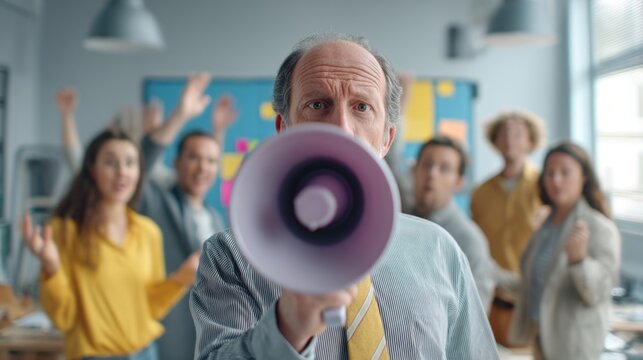 Mature caucasian male leading office meeting with megaphone amid energetic team