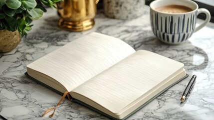 Notebook mockup with open pages and doodles near a coffee mug