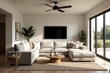 Bright and airy living room with a beige sectional sofa, large windows, and minimalist decor.
