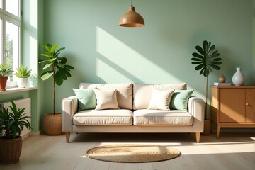 Bright and airy living room interior with beige sofa, green plants and wooden cabinet. Sunlight streams through the window, creating a calm and relaxing atmosphere.