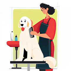 Cute Cartoon Pets Caretaker Duty, Adorable Pets Grooming Scene in Clean Minimalist Salon.