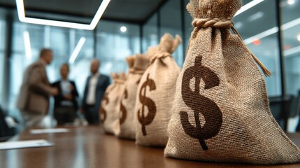 Burlap money bags in office with business professionals discussing finances