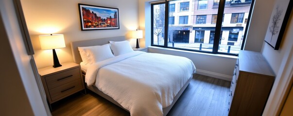 Fototapeta premium Cozy Modern Bedroom with Large Windows and Soft Lighting Design