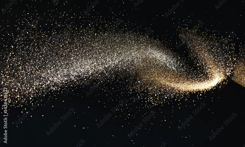 Poster natural organic dust particles floating on black background. glittering sparkling particles randomly