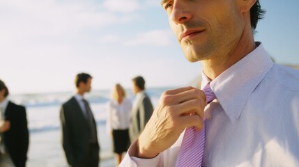 Confident caucasian young adult male adjusting tie on beach with colleagues