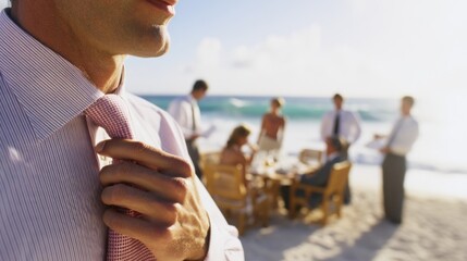 Caucasian young male adjusting tie on beach with formal gathering in background