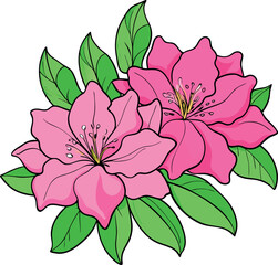 Stunning Vibrant Pink Azalea Flowers Vector Illustration with Lush Green Leaves for Elegant Botanical, Floral & Garden Design – Premium Digital Art
