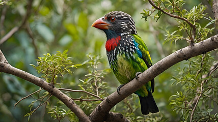  barbet A whimsical barbet with a grand, beard-like mustache acting as a forest philosopher