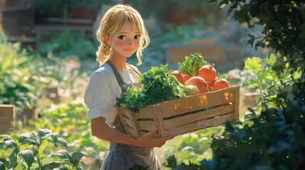 A woman in a white chef's jacket smiles as she carries a wooden crate filled with fresh vegetables, including leeks, lettuce, and bright orange carrots.