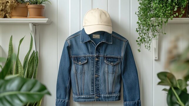 Cap mockup hanging on white wall hook with denim jacket
