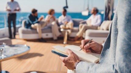 Young caucasian adults networking on a luxury yacht