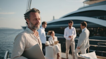 Caucasian mature male leading business meeting on luxury yacht with diverse team in elegant attire