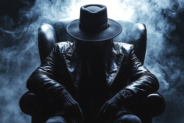 Mysterious man in hat and leather jacket sitting in armchair amidst smoky ambiance concept of noir mystery