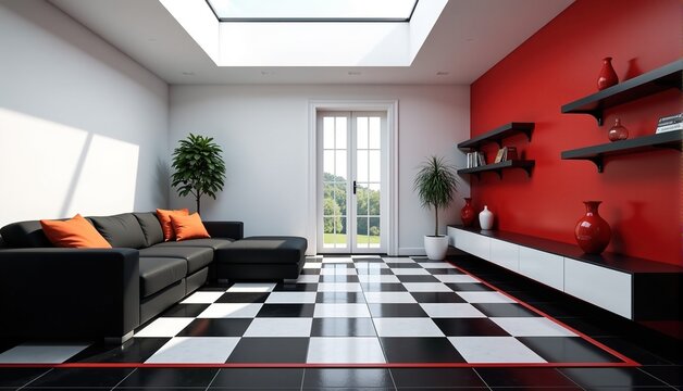 Modern living room with red accent wall, black sofa, and checkered floor. Bright and spacious interior design.