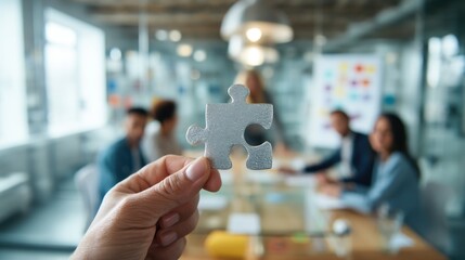 Person holding puzzle piece in office meeting room with diverse colleagues in background