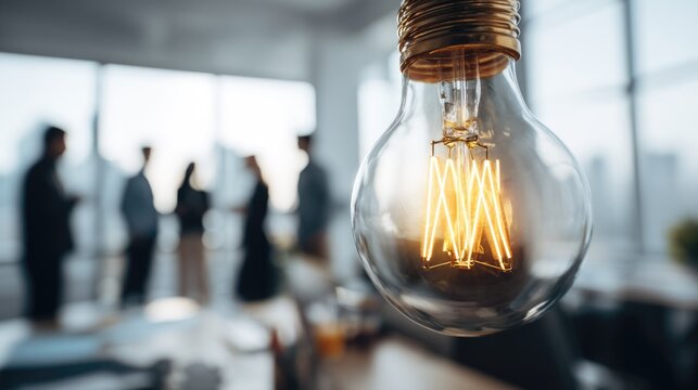 Light bulb in focus with silhouetted diverse business team meeting in modern office