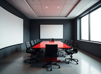 Fototapeta premium Modern empty conference room with a red table and black chairs. Large window and blank screens.