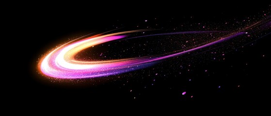 An image of bright lines highlighted with glittering particles. A magical energy curve coils, glowing like a festive ornament. A current illustration of luminous lines with sparkling glitter.