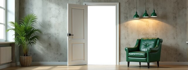 Open door to bright, minimalist room with green leather armchair, potted palm plant, and sunlight.