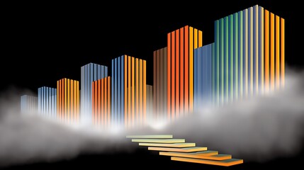 Obraz premium Colorful city skyline emerging from clouds, stairs leading to it