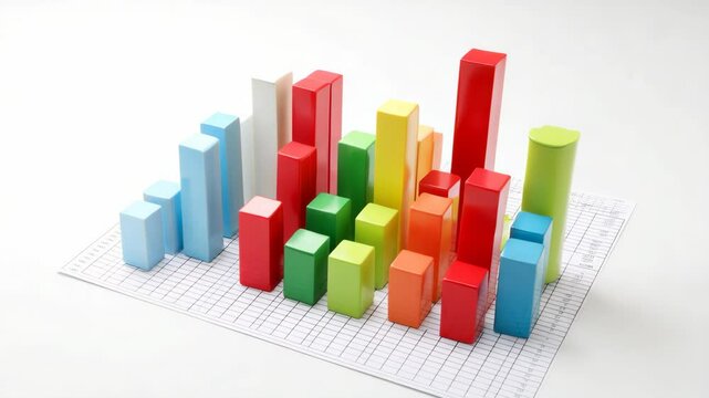 Colorful wooden block chart graph on grid paper displays statistics and rising trends in data visualization for presentation templates.