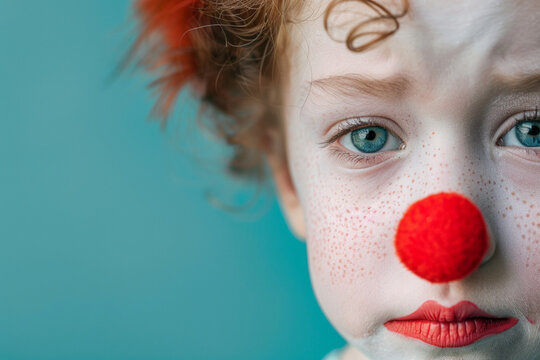 Young child with classic clown makeup, a red nose, and a thoughtful expression