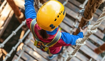 Person Climbing Ropes in Outdoor Adventure Park with Safety Gear
