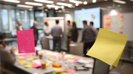 Collaborative office meeting with diverse team and brainstorming sticky notes