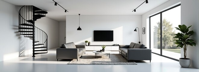 Modern minimalist living room interior with gray sofas, black spiral staircase, large window, and sunlight.