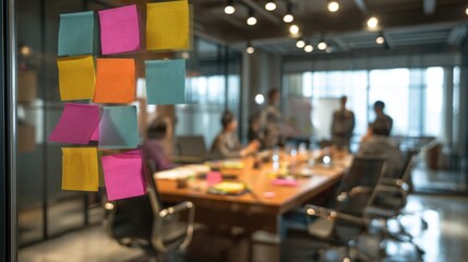 Business meeting with diverse team and colorful sticky notes in modern office