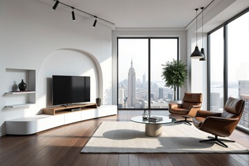 Fototapeta premium Modern living room with city view, featuring leather armchairs, a large TV, and minimalist decor.