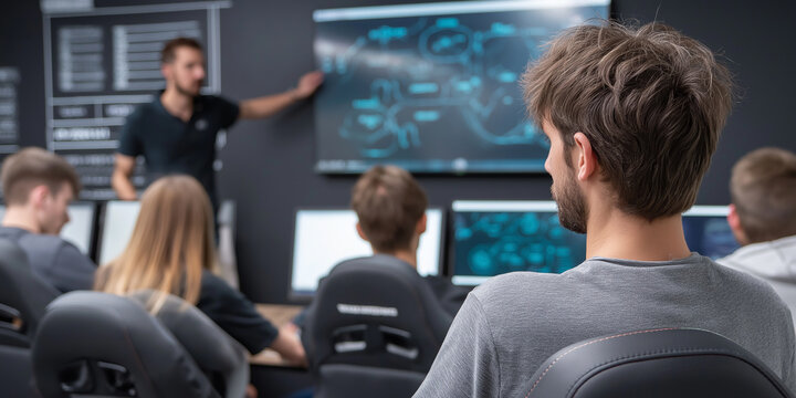A man is giving a presentation to a group of people in a classroom
