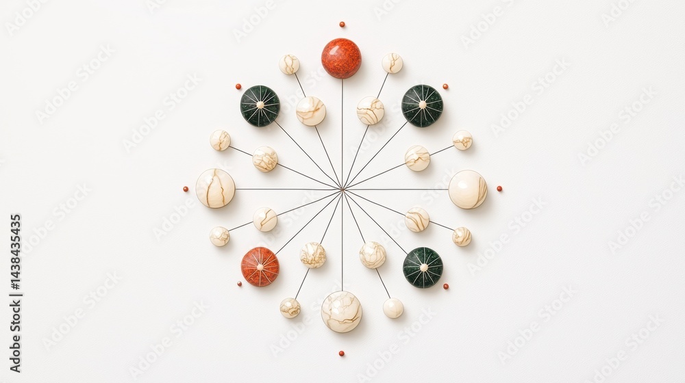 Aufkleber a circular arrangement of objects with varying colors and textures.