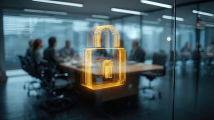 Business meeting with holographic lock symbolizing cybersecurity in modern office