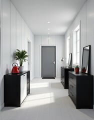 Bright, minimalist hallway interior with white walls, black dressers, and natural light.