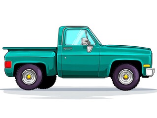 Teal vintage pickup truck, side profile, classic design