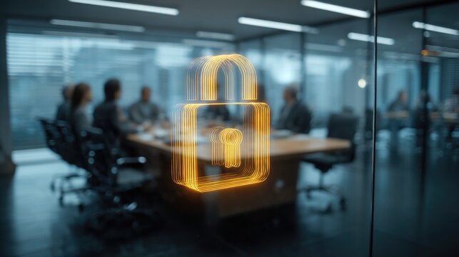 Business meeting with holographic lock symbolizing cybersecurity in modern office